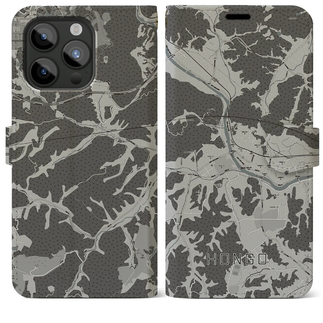 【本郷(広島県)】地図柄iPhoneケース(手帳タイプ)モノトーン・iPhone 15 Pro Max 用