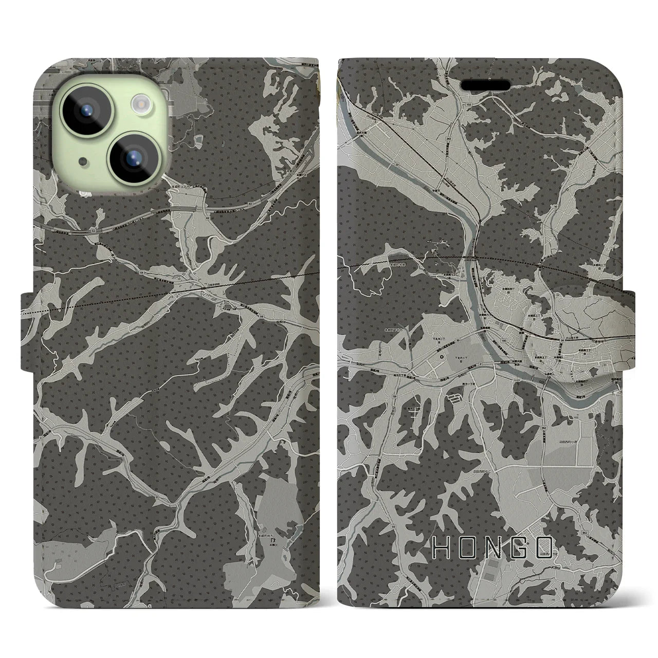 【本郷(広島県)】地図柄iPhoneケース(手帳タイプ)モノトーン・iPhone 15 用