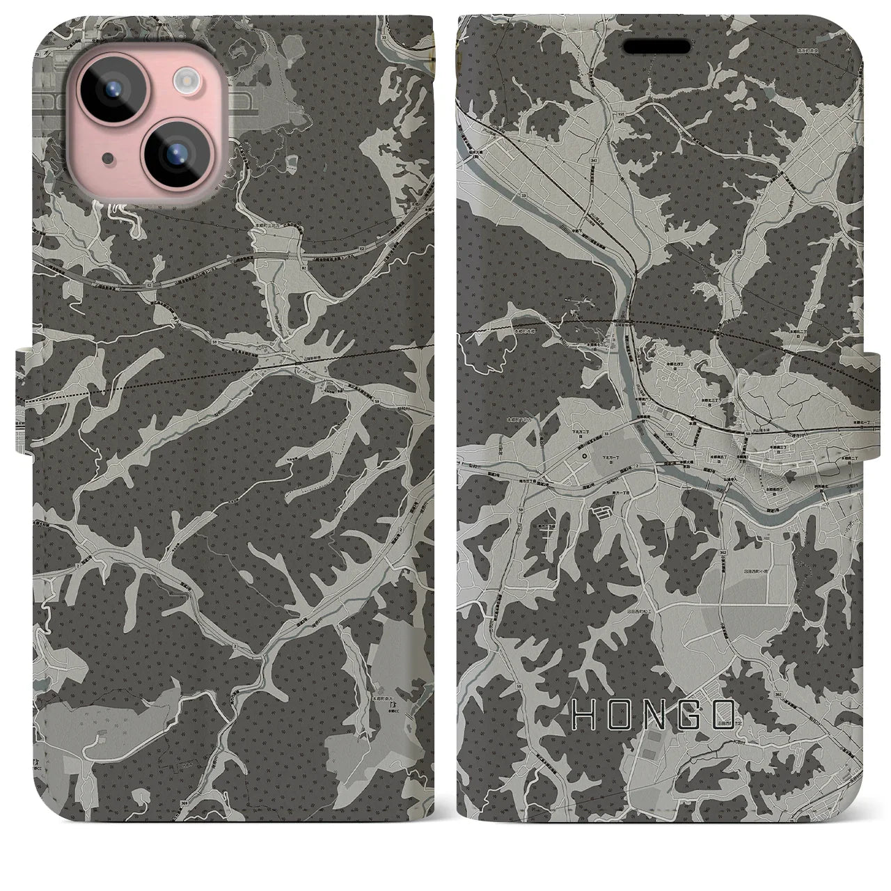 【本郷(広島県)】地図柄iPhoneケース(手帳タイプ)モノトーン・iPhone 15 Plus 用