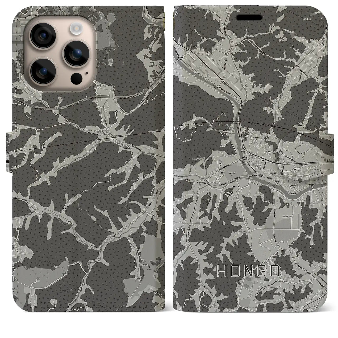 【本郷(広島県)】地図柄iPhoneケース(手帳タイプ)モノトーン・iPhone 16 Plus 用