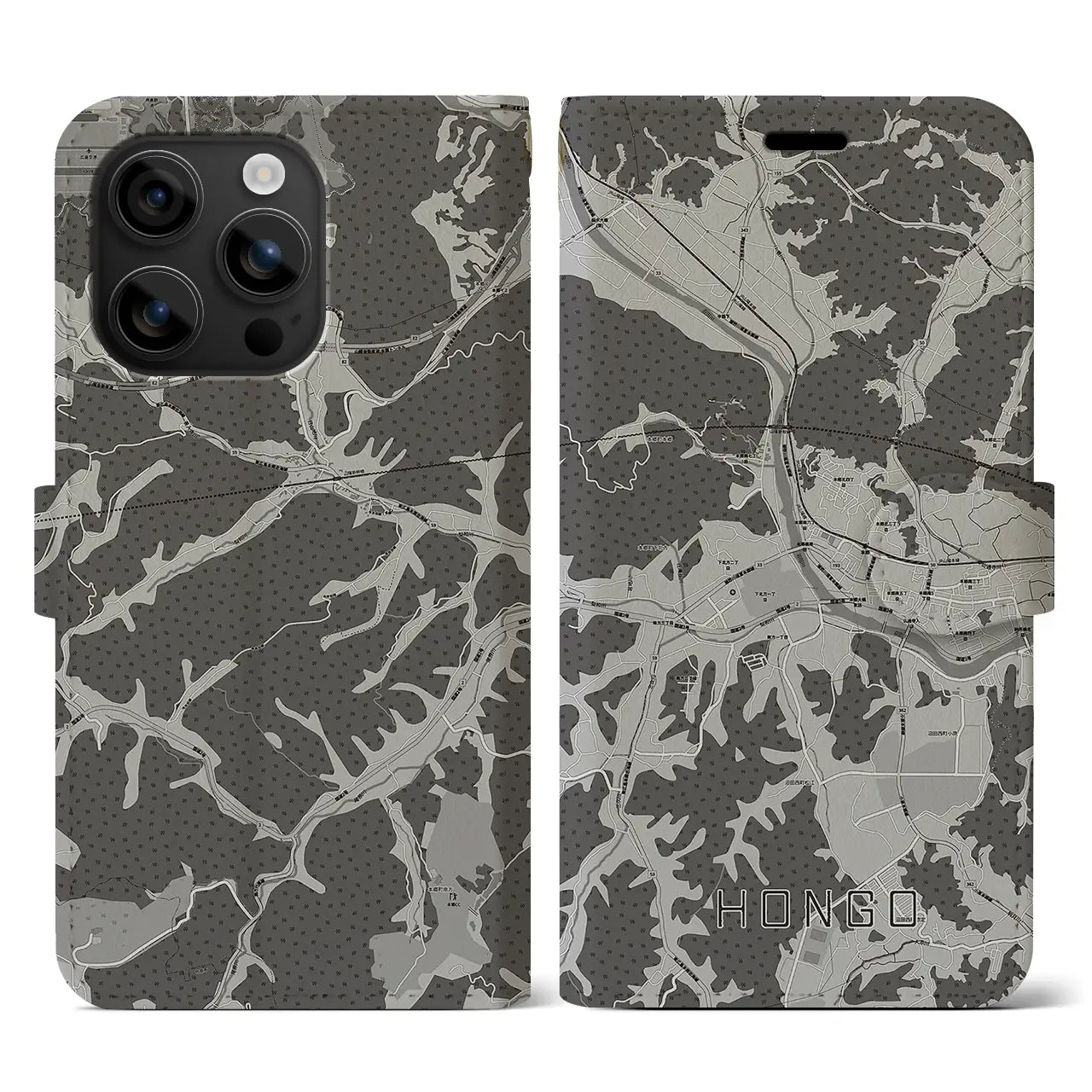 【本郷(広島県)】地図柄iPhoneケース(手帳タイプ)モノトーン・iPhone 16 用