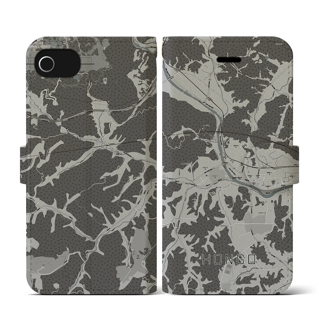 【本郷(広島県)】地図柄iPhoneケース(手帳タイプ)モノトーン・iPhone SE(第3 / 第2世代) / 8 / 7 / 6s / 6 用