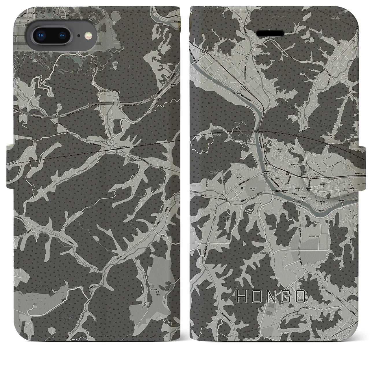 【本郷(広島県)】地図柄iPhoneケース(手帳タイプ)モノトーン・iPhone 8Plus /7Plus / 6sPlus / 6Plus 用