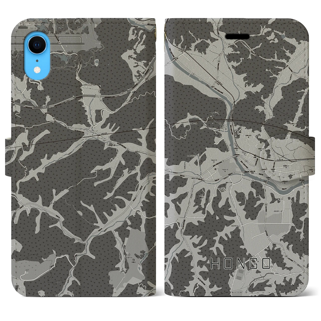 【本郷(広島県)】地図柄iPhoneケース(手帳タイプ)モノトーン・iPhone XR 用