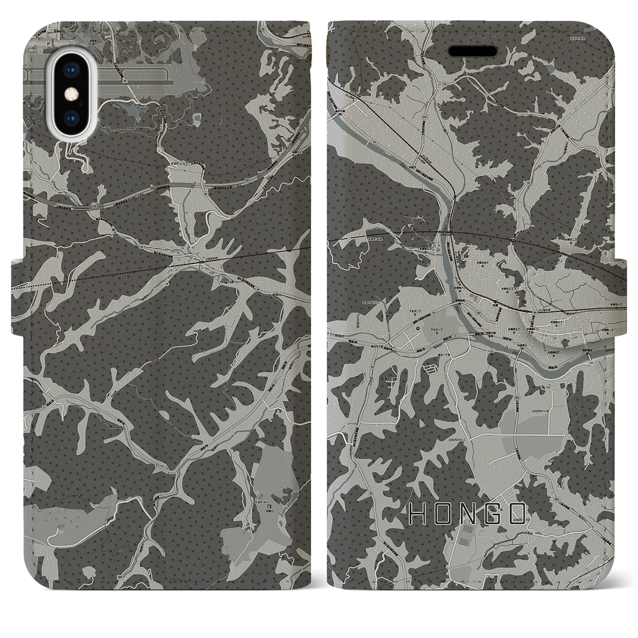 【本郷(広島県)】地図柄iPhoneケース(手帳タイプ)モノトーン・iPhone XS Max 用