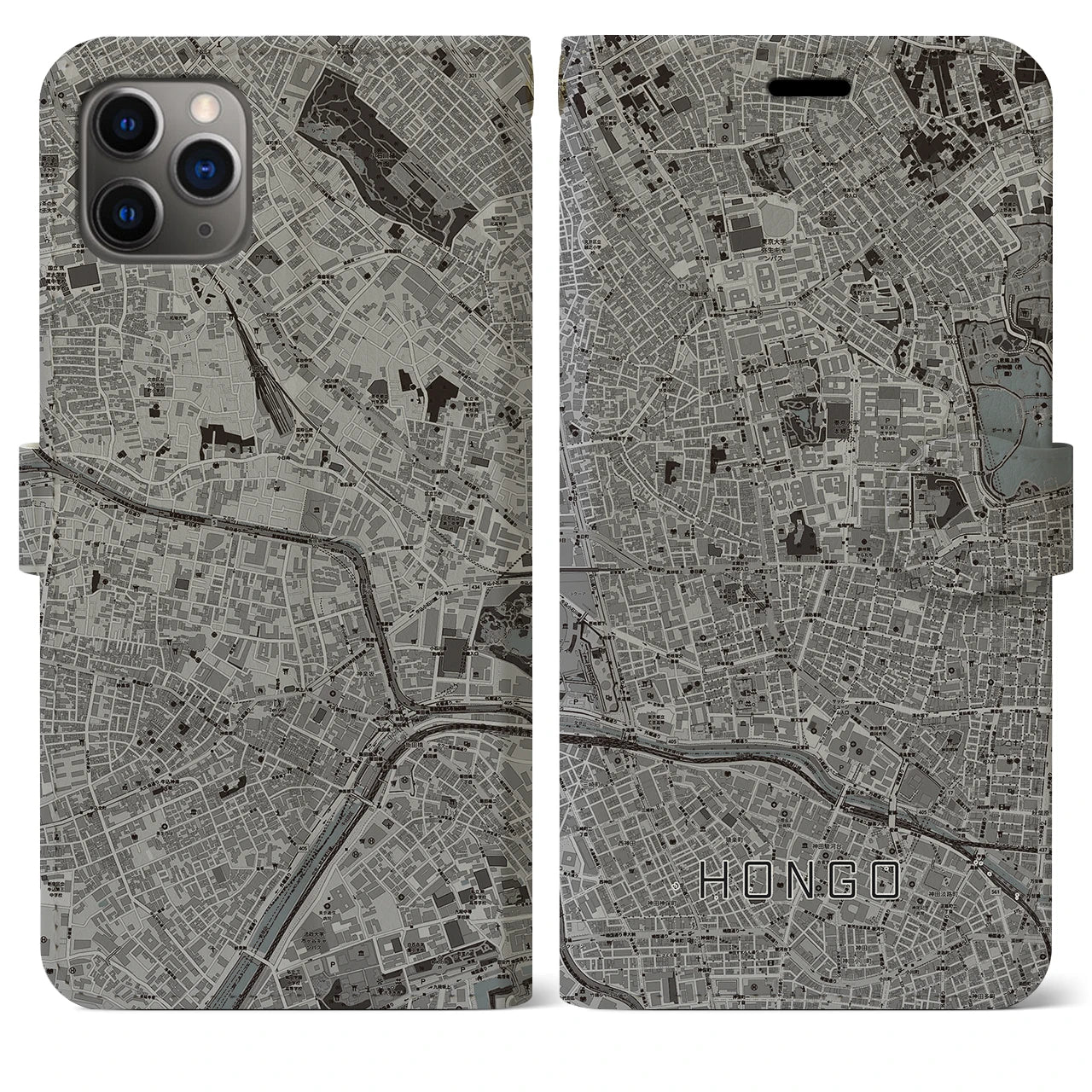 【本郷(東京都)】地図柄iPhoneケース(手帳タイプ)モノトーン・iPhone 11 Pro Max 用
