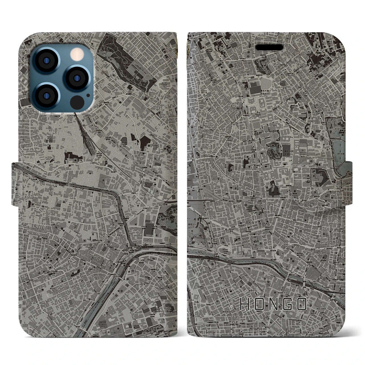 【本郷(東京都)】地図柄iPhoneケース(手帳タイプ)モノトーン・iPhone 12 / 12 Pro 用