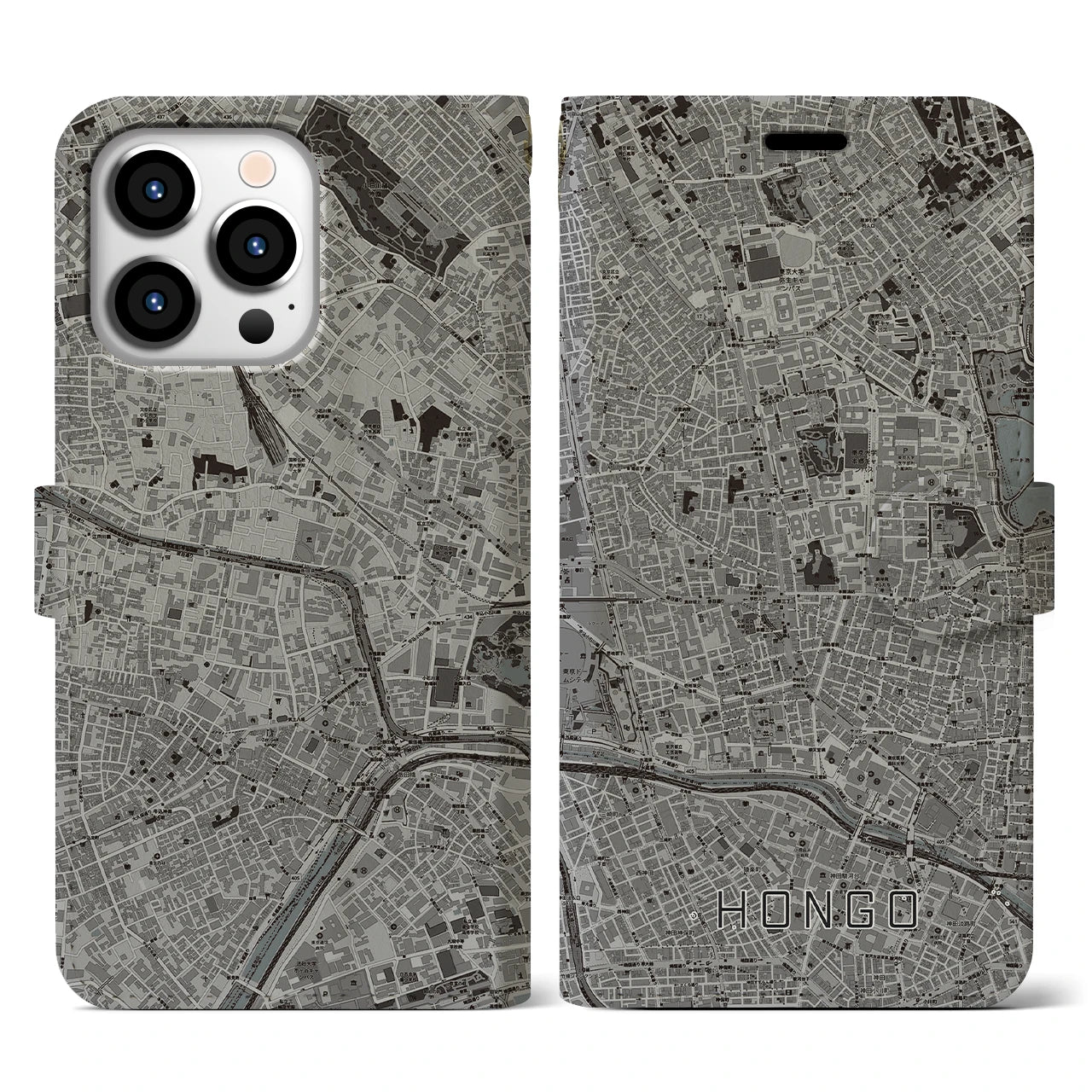 【本郷(東京都)】地図柄iPhoneケース(手帳タイプ)モノトーン・iPhone 13 Pro 用