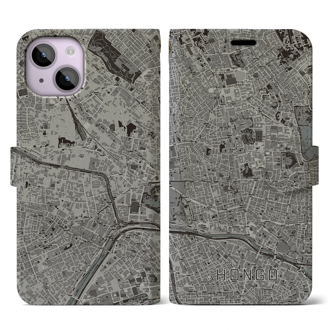 【本郷(東京都)】地図柄iPhoneケース(手帳タイプ)モノトーン・iPhone 14 用