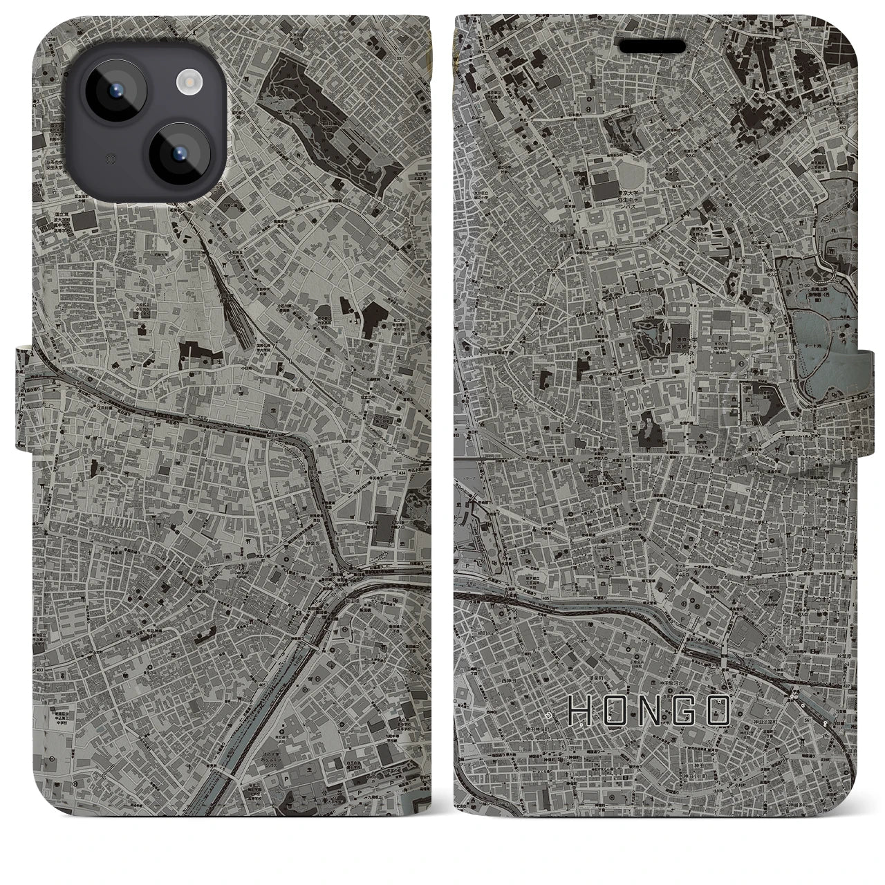 【本郷(東京都)】地図柄iPhoneケース(手帳タイプ)モノトーン・iPhone 14 Plus 用