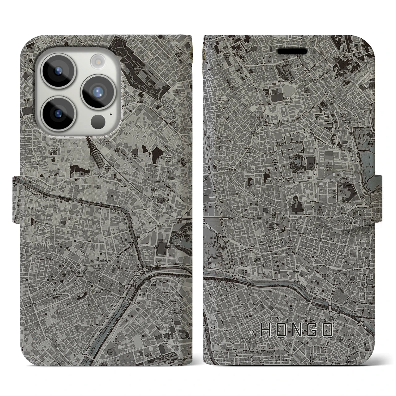 【本郷(東京都)】地図柄iPhoneケース(手帳タイプ)モノトーン・iPhone 15 Pro 用
