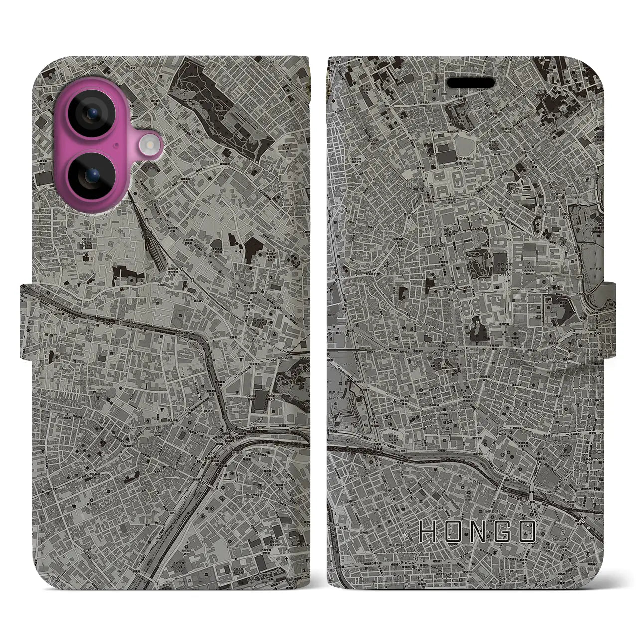 【本郷(東京都)】地図柄iPhoneケース(手帳タイプ)モノトーン・iPhone 16 Pro 用