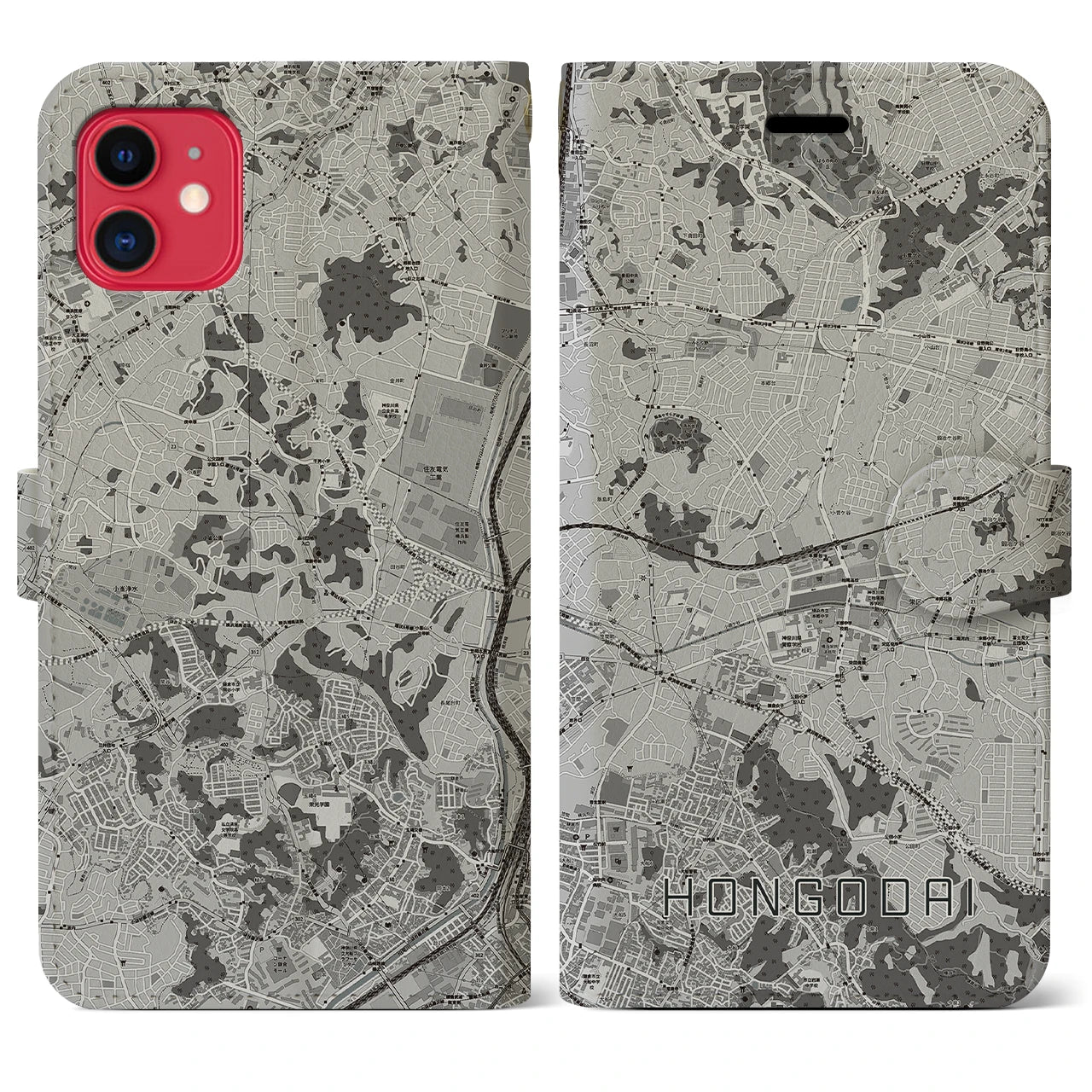 【本郷台(神奈川県)】地図柄iPhoneケース(手帳タイプ)モノトーン・iPhone 11 用