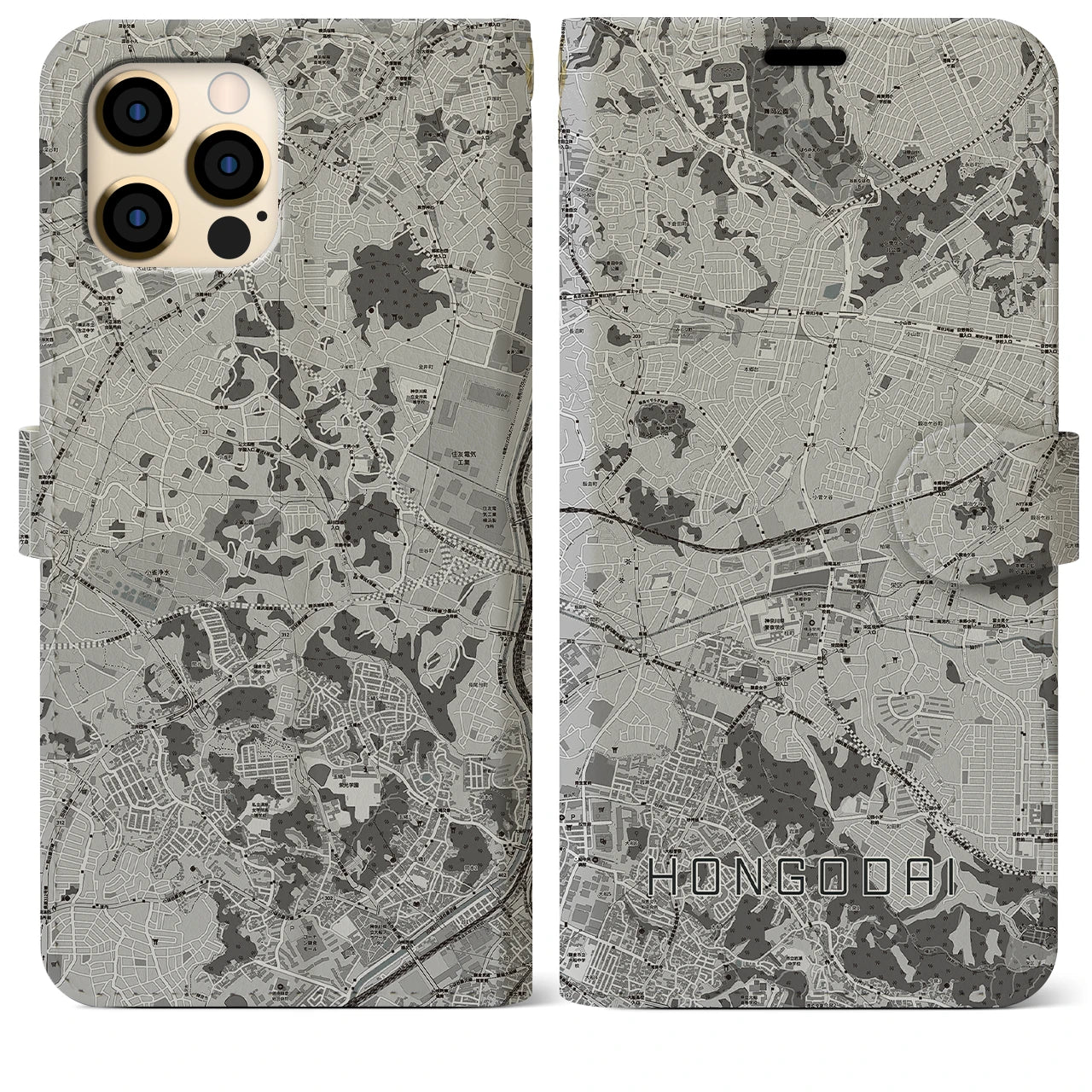 【本郷台(神奈川県)】地図柄iPhoneケース(手帳タイプ)モノトーン・iPhone 12 Pro Max 用