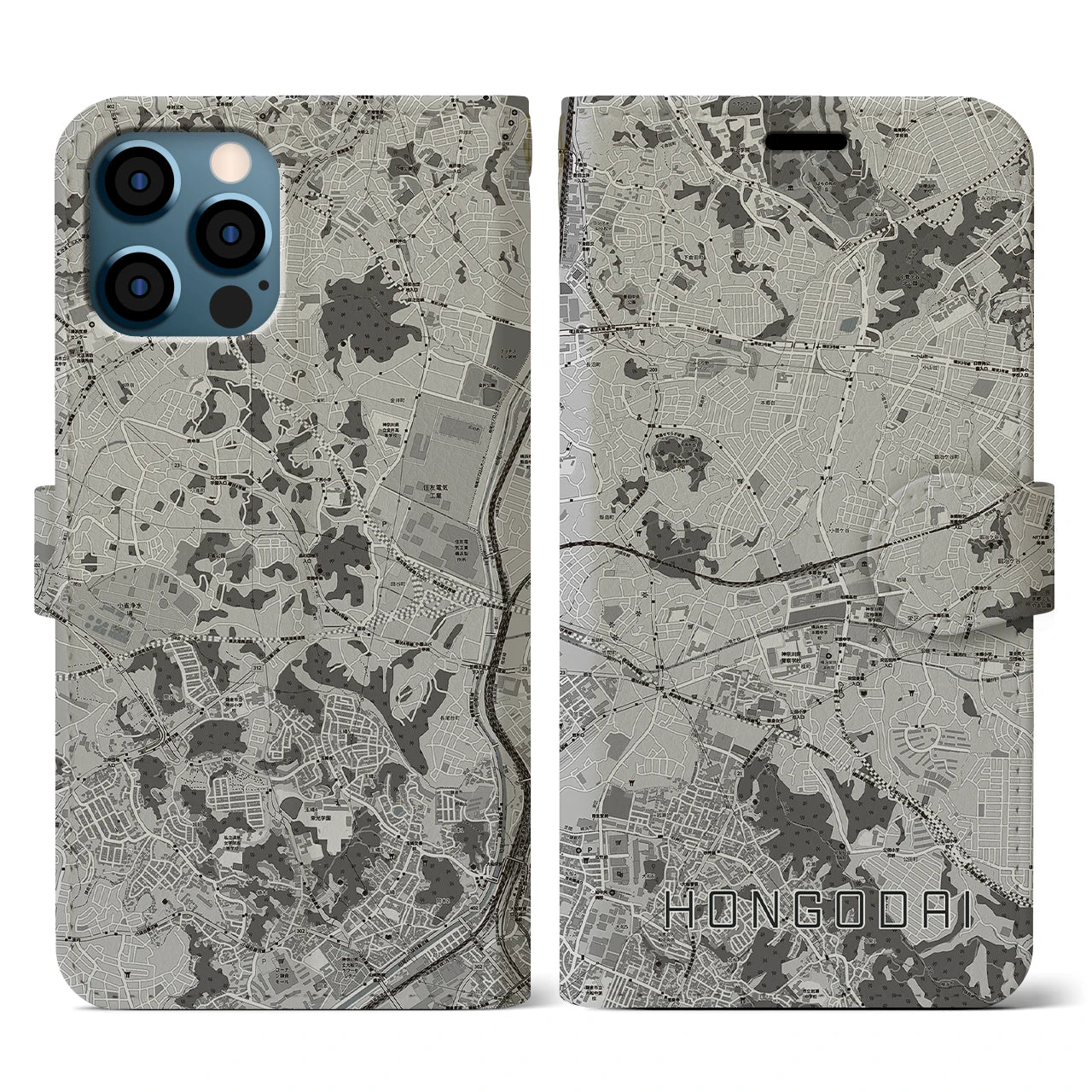 【本郷台(神奈川県)】地図柄iPhoneケース(手帳タイプ)モノトーン・iPhone 12 / 12 Pro 用
