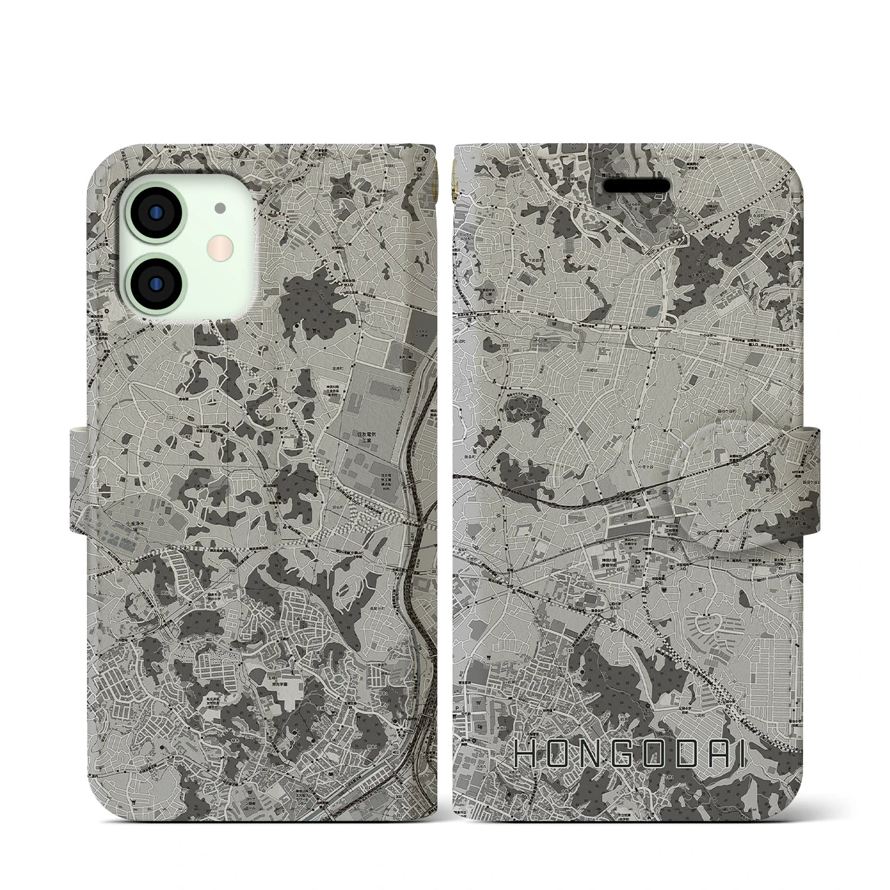 【本郷台(神奈川県)】地図柄iPhoneケース(手帳タイプ)モノトーン・iPhone 12 mini 用