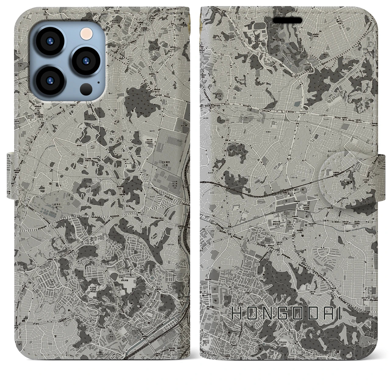 【本郷台(神奈川県)】地図柄iPhoneケース(手帳タイプ)モノトーン・iPhone 13 Pro Max 用