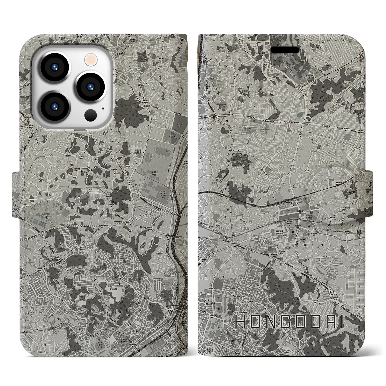【本郷台(神奈川県)】地図柄iPhoneケース(手帳タイプ)モノトーン・iPhone 13 Pro 用