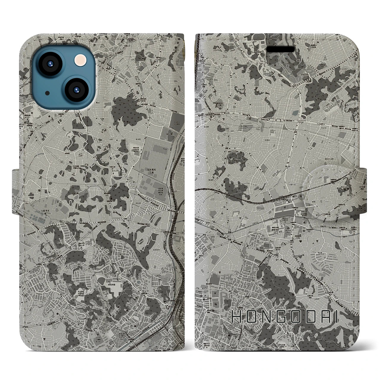 【本郷台(神奈川県)】地図柄iPhoneケース(手帳タイプ)モノトーン・iPhone 13 用