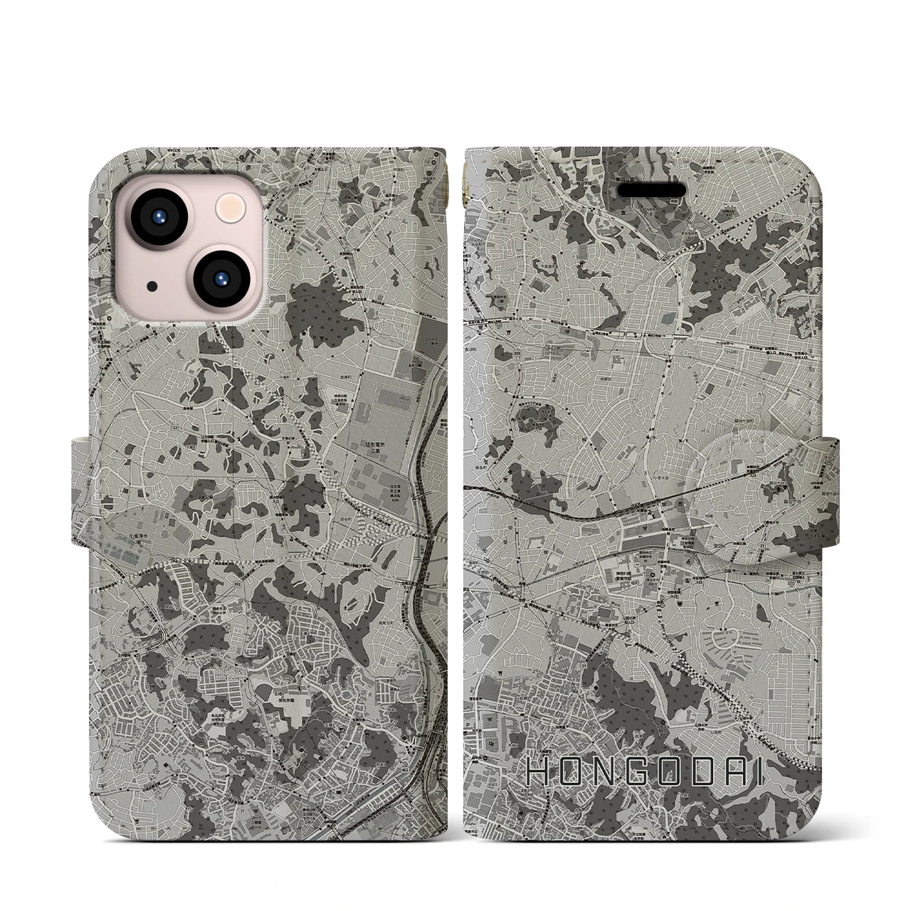 【本郷台(神奈川県)】地図柄iPhoneケース(手帳タイプ)モノトーン・iPhone 13 mini 用