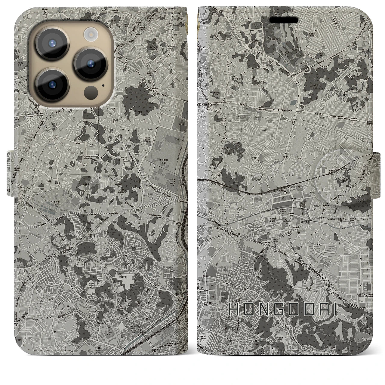 【本郷台(神奈川県)】地図柄iPhoneケース(手帳タイプ)モノトーン・iPhone 14 Pro Max 用