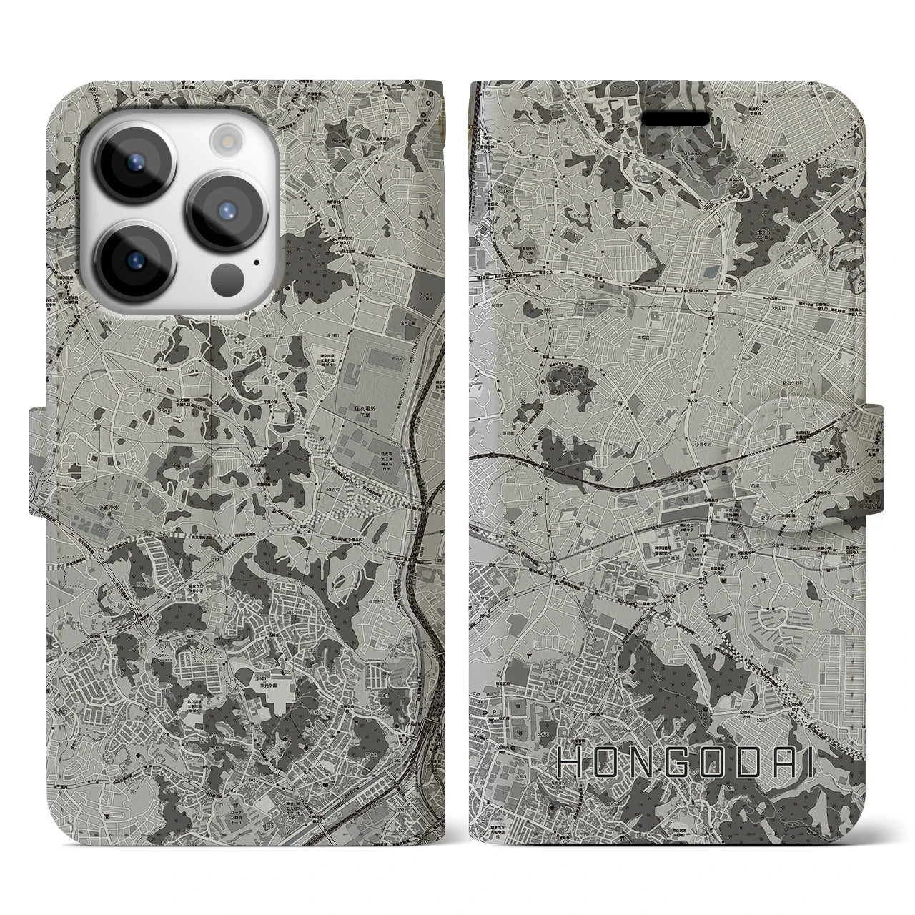 【本郷台(神奈川県)】地図柄iPhoneケース(手帳タイプ)モノトーン・iPhone 14 Pro 用