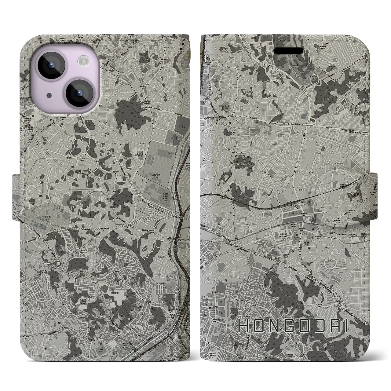 【本郷台(神奈川県)】地図柄iPhoneケース(手帳タイプ)モノトーン・iPhone 14 用