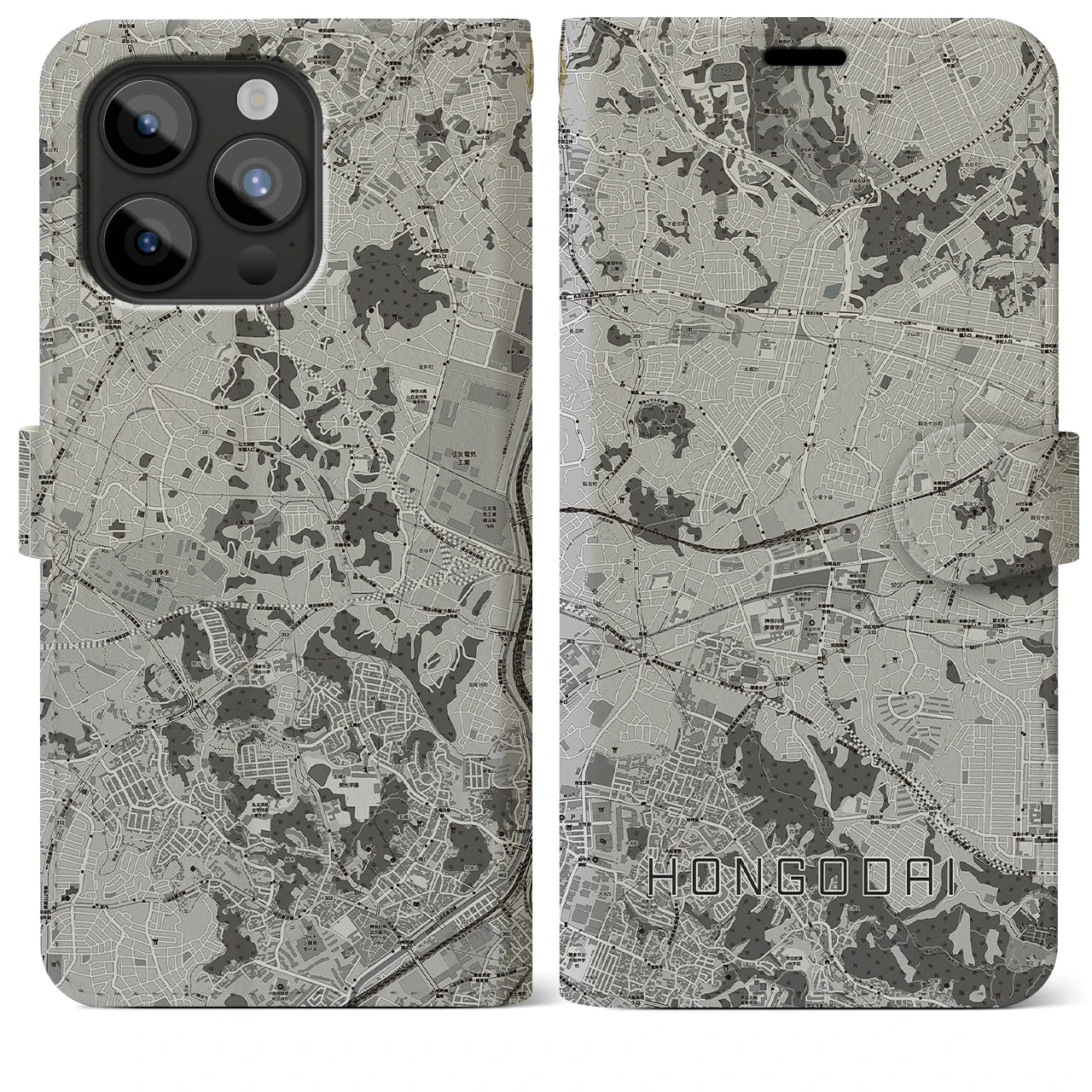【本郷台(神奈川県)】地図柄iPhoneケース(手帳タイプ)モノトーン・iPhone 15 Pro Max 用