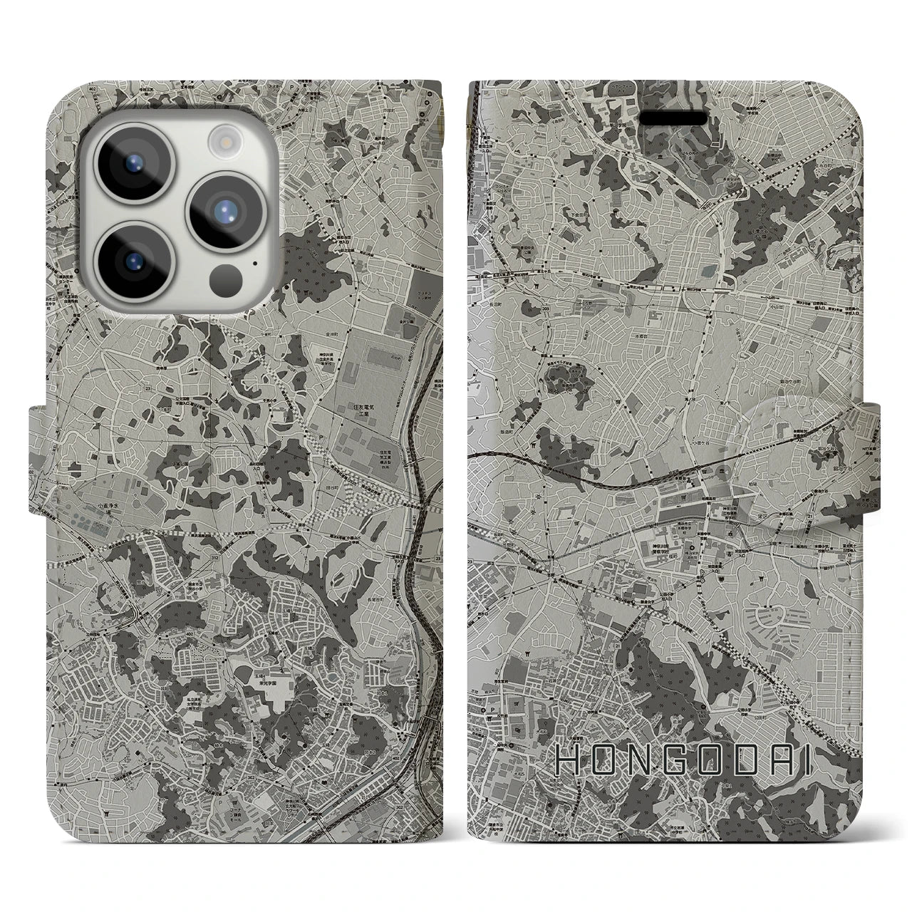 【本郷台(神奈川県)】地図柄iPhoneケース(手帳タイプ)モノトーン・iPhone 15 Pro 用