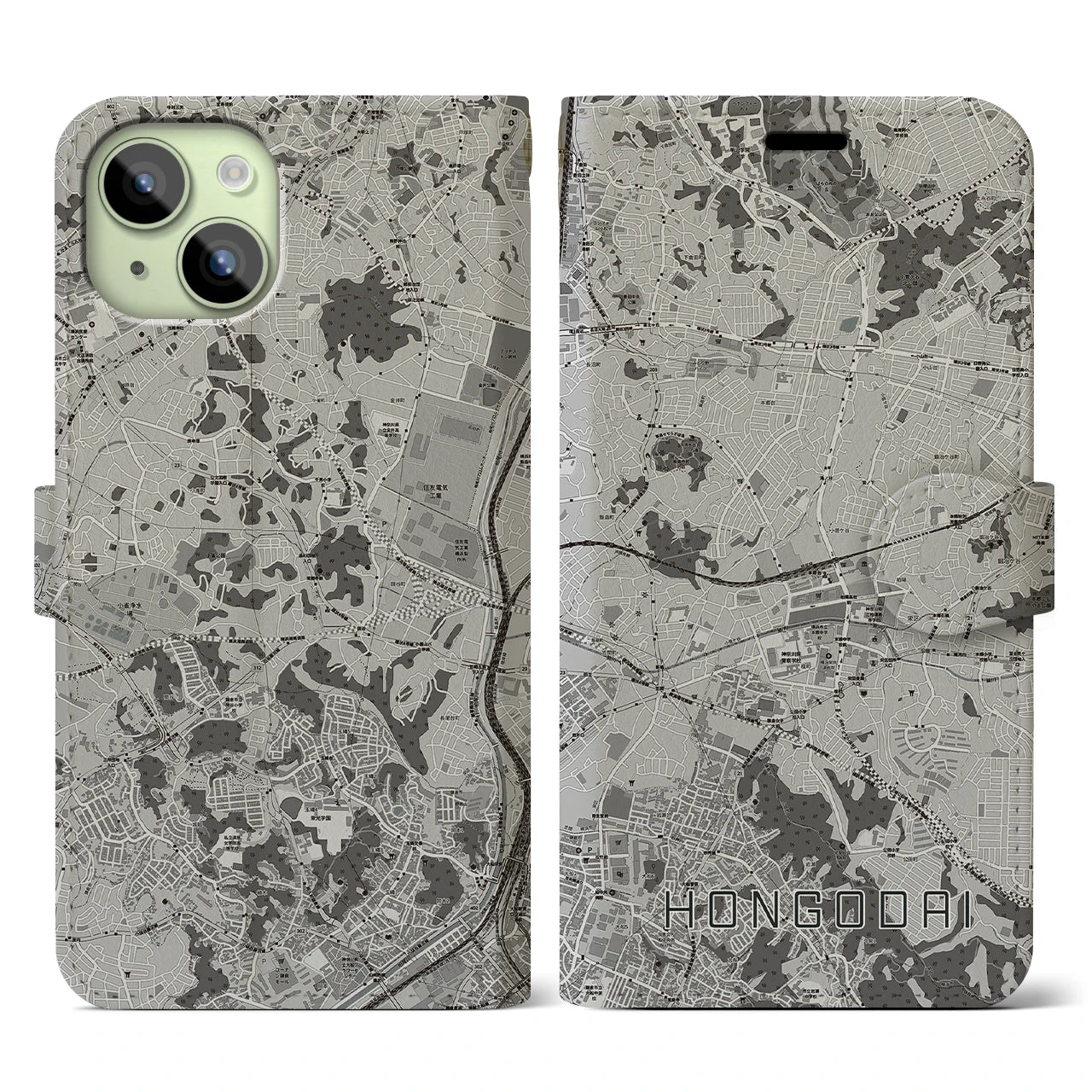 【本郷台(神奈川県)】地図柄iPhoneケース(手帳タイプ)モノトーン・iPhone 15 用