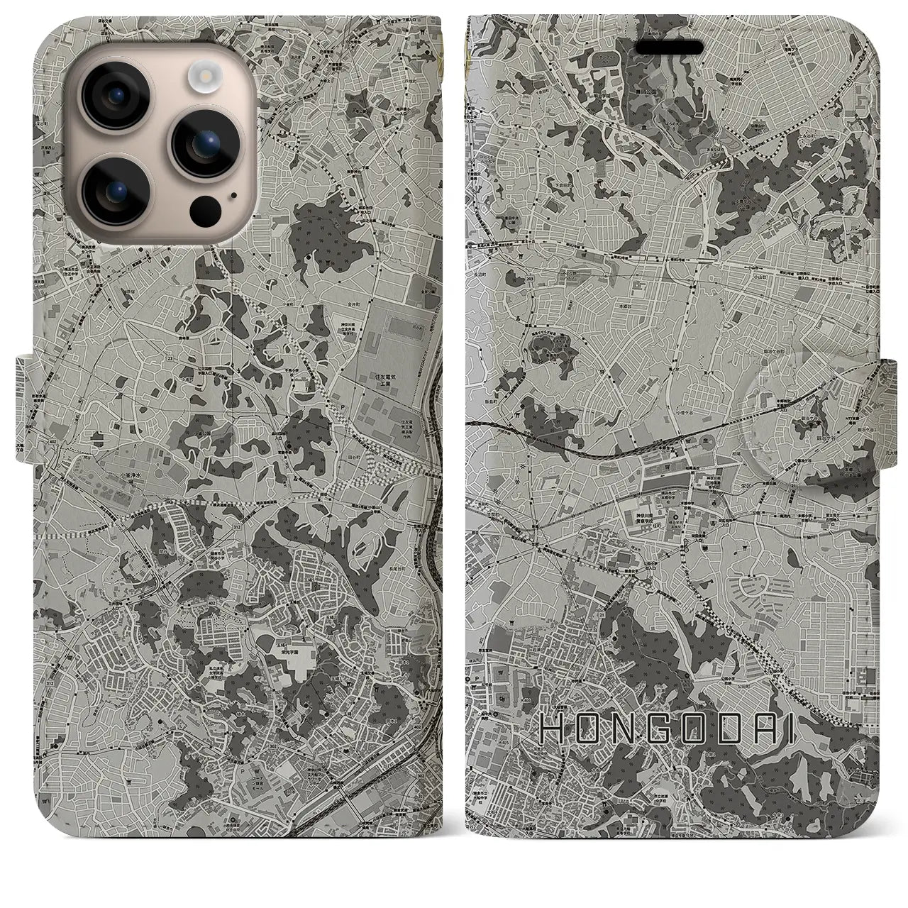 【本郷台(神奈川県)】地図柄iPhoneケース(手帳タイプ)モノトーン・iPhone 16 Plus 用