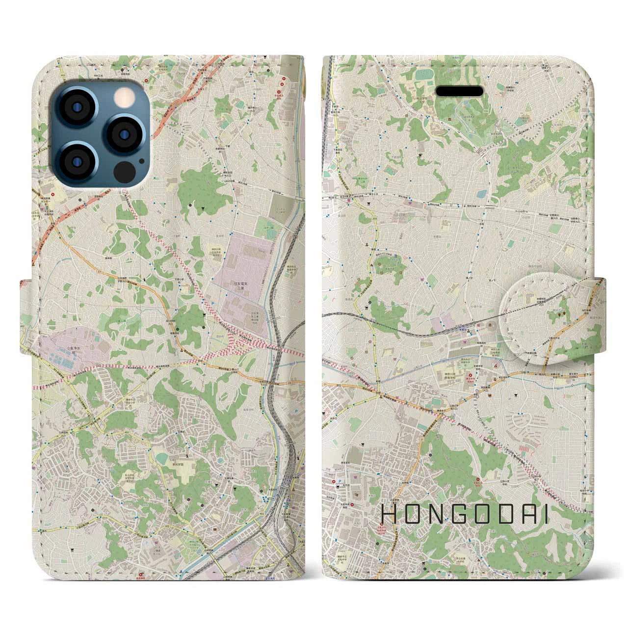 【本郷台(神奈川県)】地図柄iPhoneケース(手帳タイプ)ナチュラル・iPhone 12 / 12 Pro 用