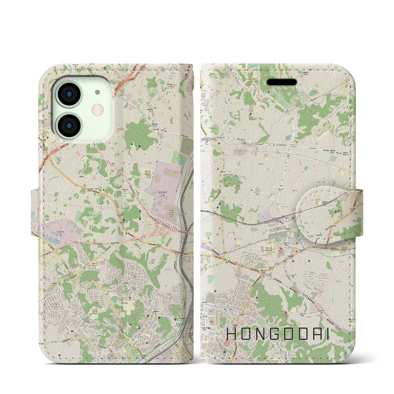 【本郷台(神奈川県)】地図柄iPhoneケース(手帳タイプ)ナチュラル・iPhone 12 mini 用
