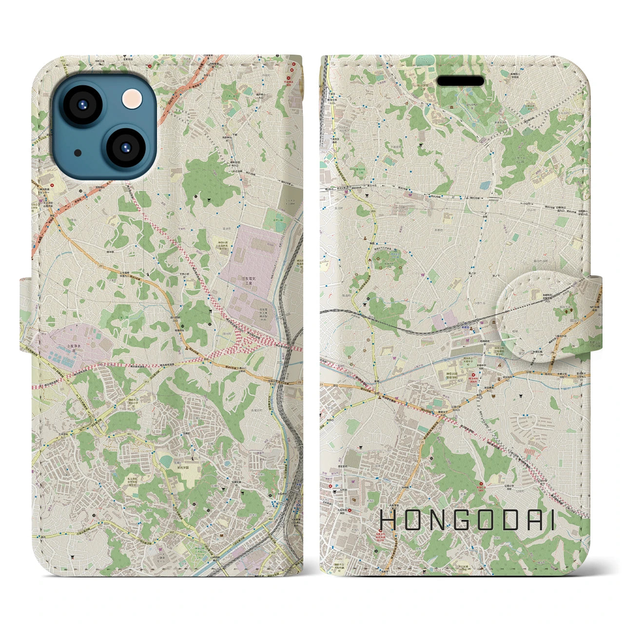 【本郷台(神奈川県)】地図柄iPhoneケース(手帳タイプ)ナチュラル・iPhone 13 用