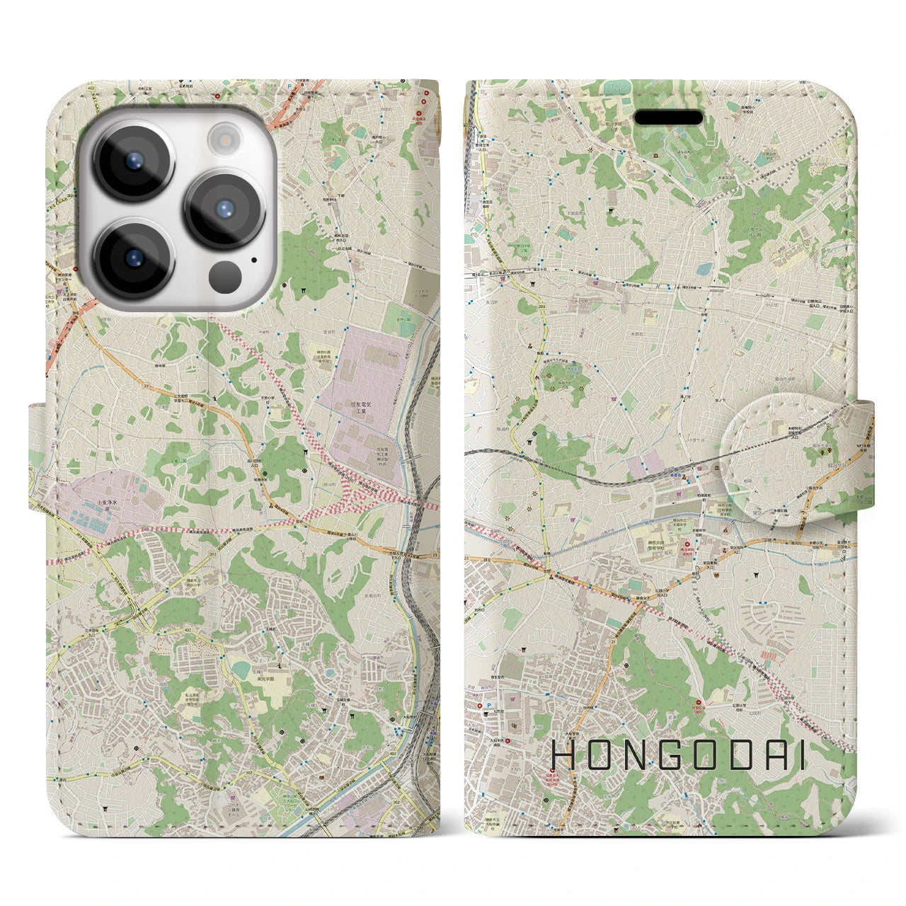 【本郷台(神奈川県)】地図柄iPhoneケース(手帳タイプ)ナチュラル・iPhone 14 Pro 用