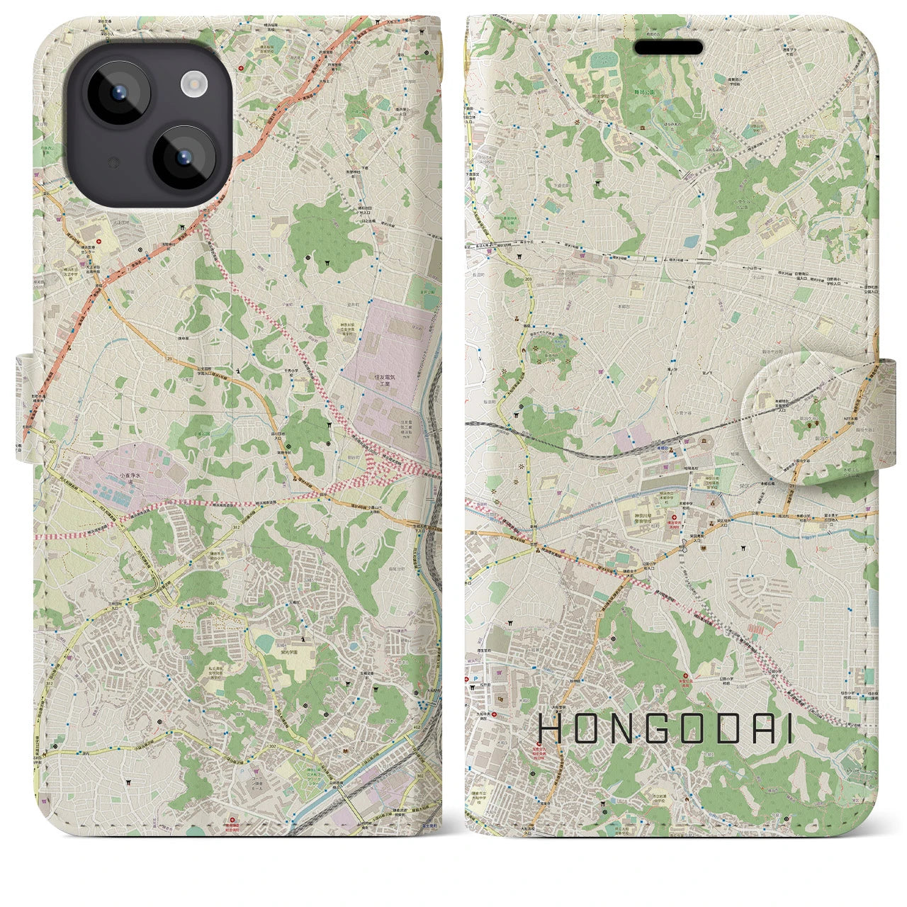 【本郷台(神奈川県)】地図柄iPhoneケース(手帳タイプ)ナチュラル・iPhone 14 Plus 用