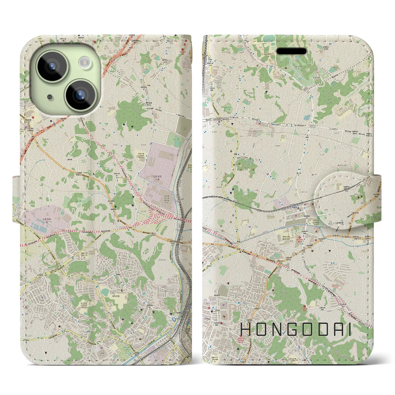 【本郷台(神奈川県)】地図柄iPhoneケース(手帳タイプ)ナチュラル・iPhone 15 用
