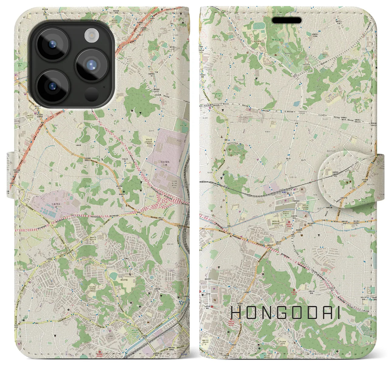 【本郷台(神奈川県)】地図柄iPhoneケース(手帳タイプ)ナチュラル・iPhone 15 Pro Max 用