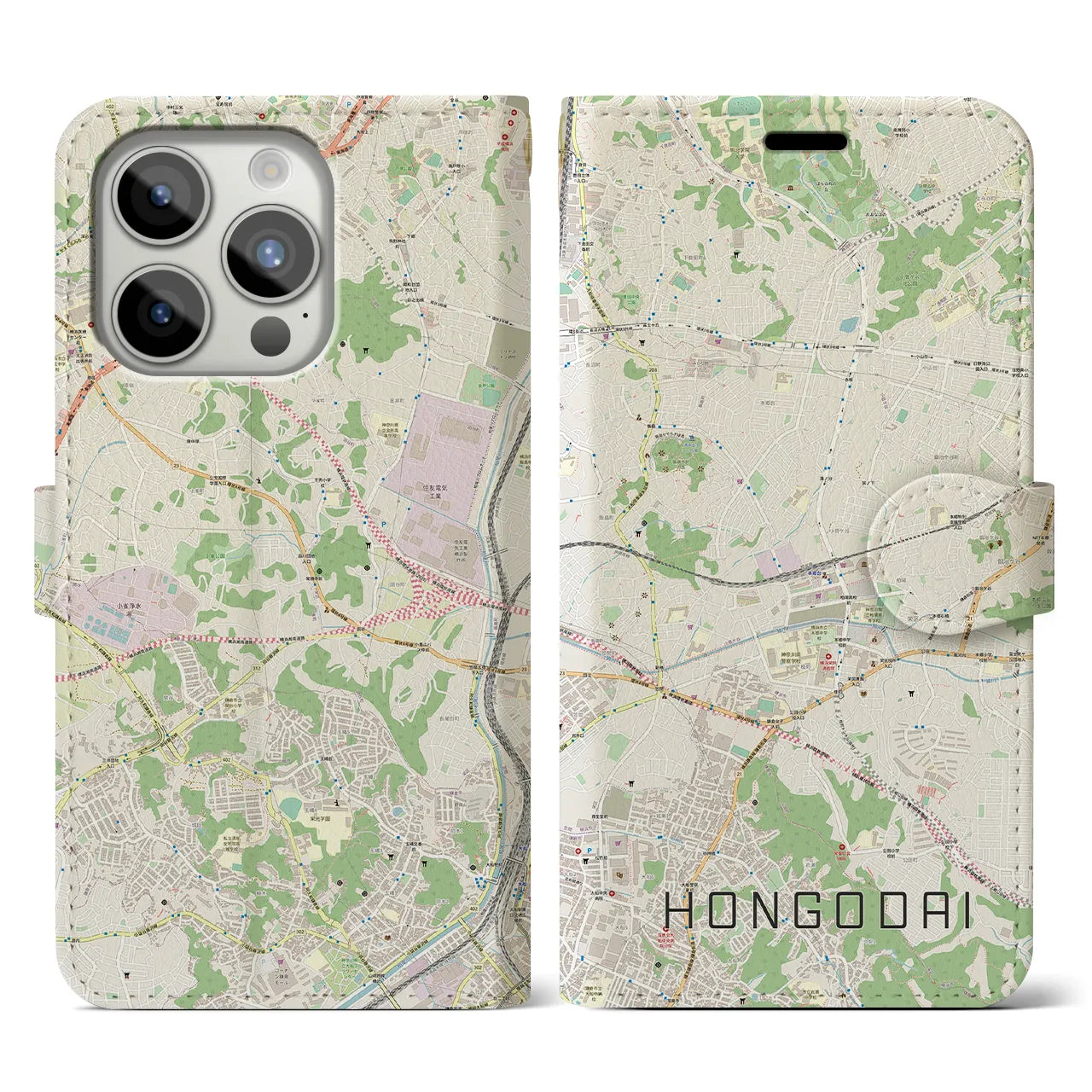 【本郷台(神奈川県)】地図柄iPhoneケース(手帳タイプ)ナチュラル・iPhone 15 Pro 用