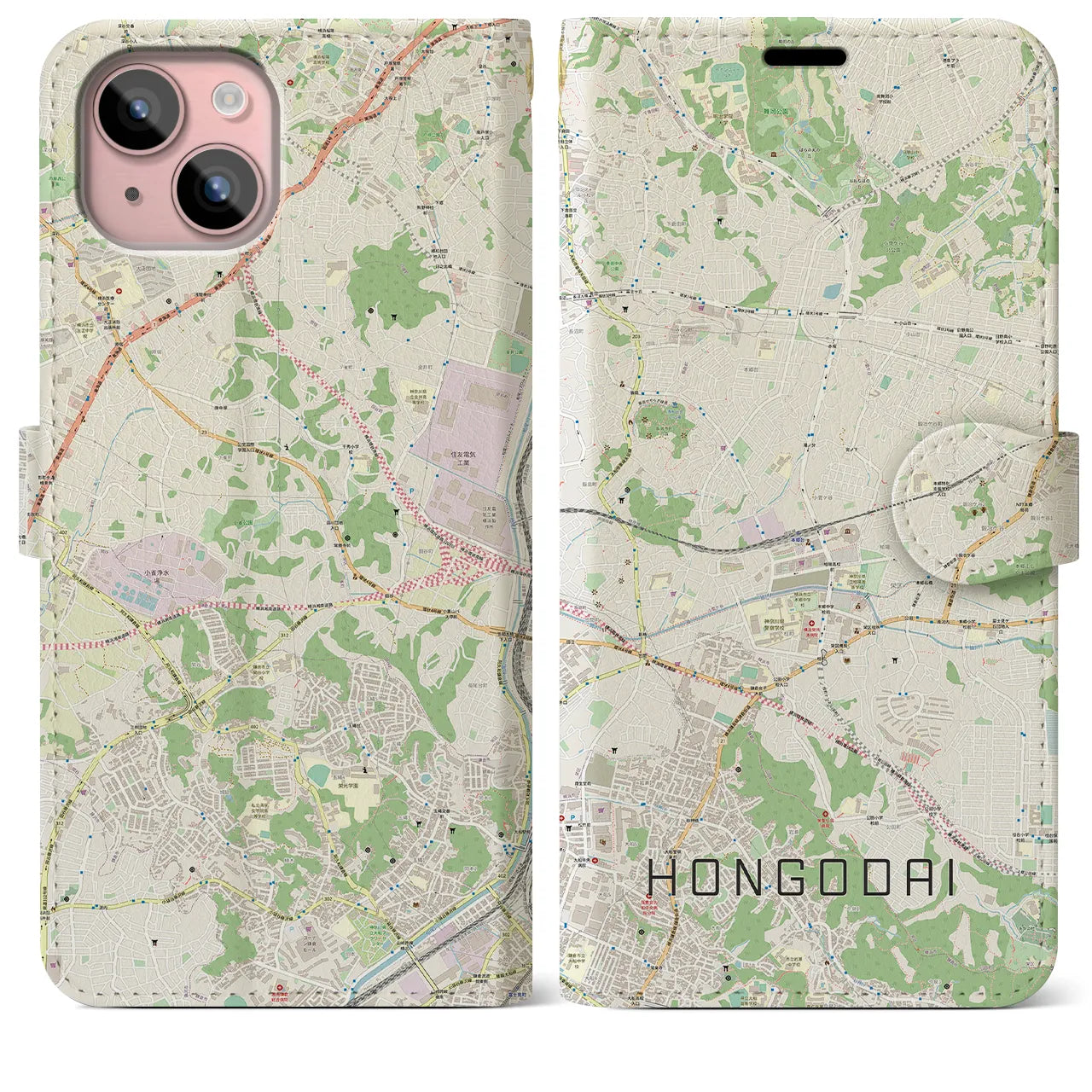 【本郷台(神奈川県)】地図柄iPhoneケース(手帳タイプ)ナチュラル・iPhone 15 Plus 用