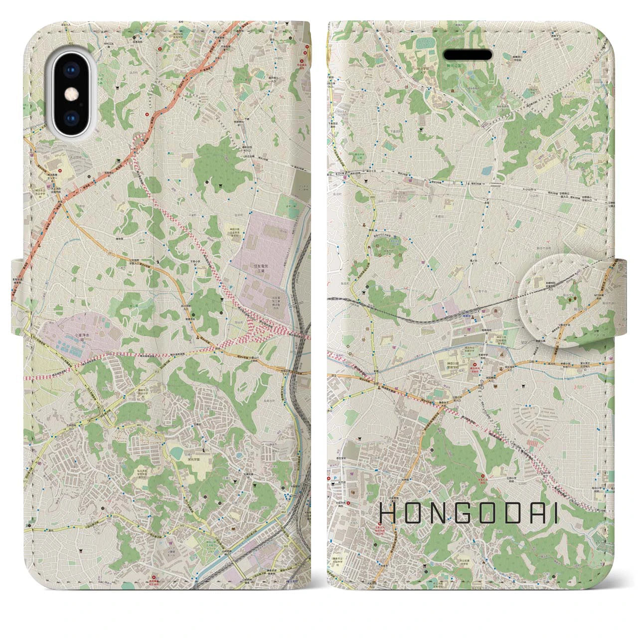 【本郷台(神奈川県)】地図柄iPhoneケース(手帳タイプ)ナチュラル・iPhone XS Max 用