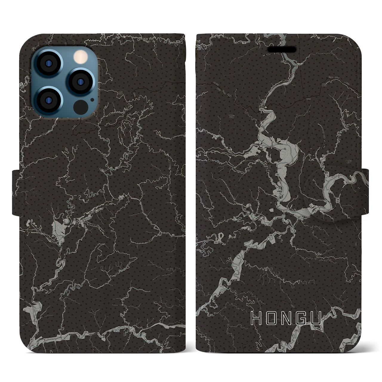 【本宮(和歌山県)】地図柄iPhoneケース(手帳タイプ)モノトーン・iPhone 12 / 12 Pro 用