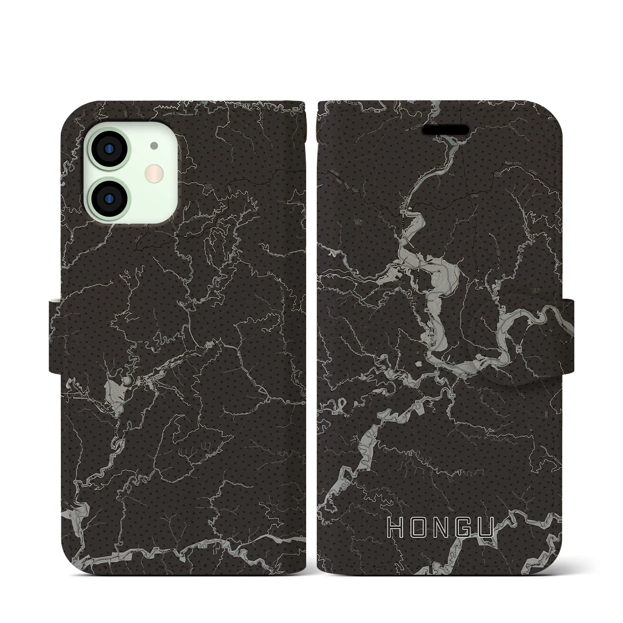 【本宮(和歌山県)】地図柄iPhoneケース(手帳タイプ)モノトーン・iPhone 12 mini 用