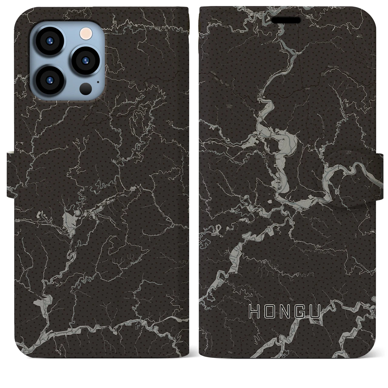 【本宮(和歌山県)】地図柄iPhoneケース(手帳タイプ)モノトーン・iPhone 13 Pro Max 用