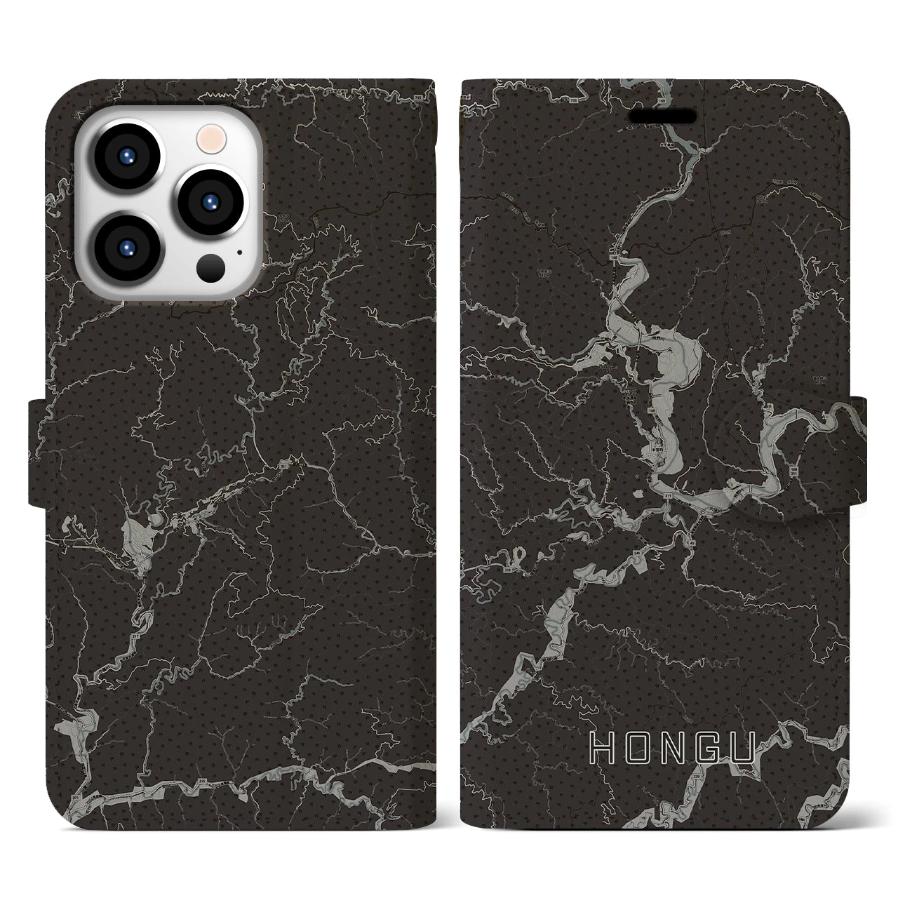 【本宮(和歌山県)】地図柄iPhoneケース(手帳タイプ)モノトーン・iPhone 13 Pro 用