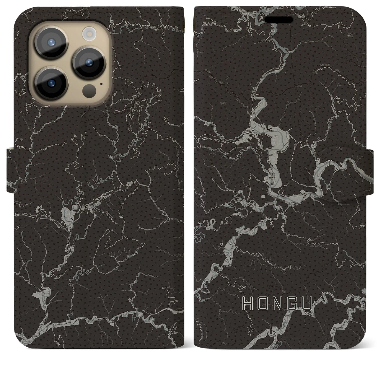 【本宮(和歌山県)】地図柄iPhoneケース(手帳タイプ)モノトーン・iPhone 14 Pro Max 用