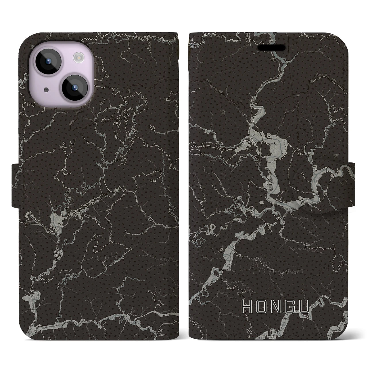 【本宮(和歌山県)】地図柄iPhoneケース(手帳タイプ)モノトーン・iPhone 14 用