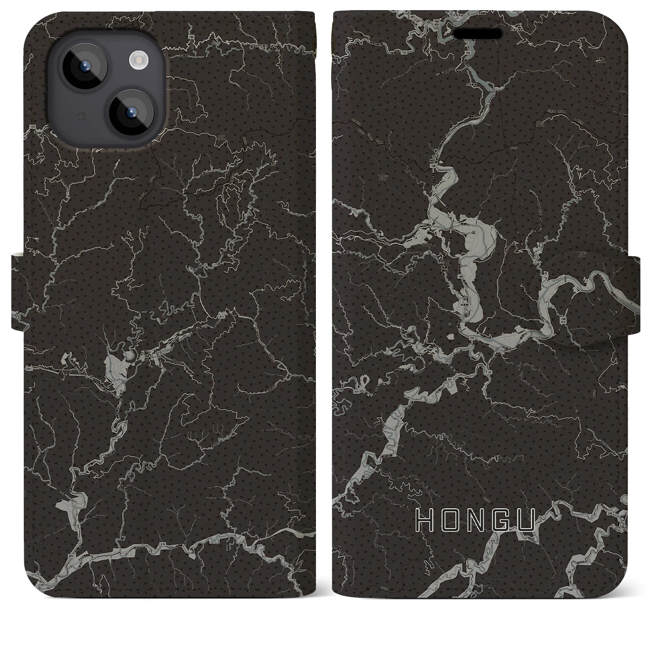 【本宮(和歌山県)】地図柄iPhoneケース(手帳タイプ)モノトーン・iPhone 14 Plus 用
