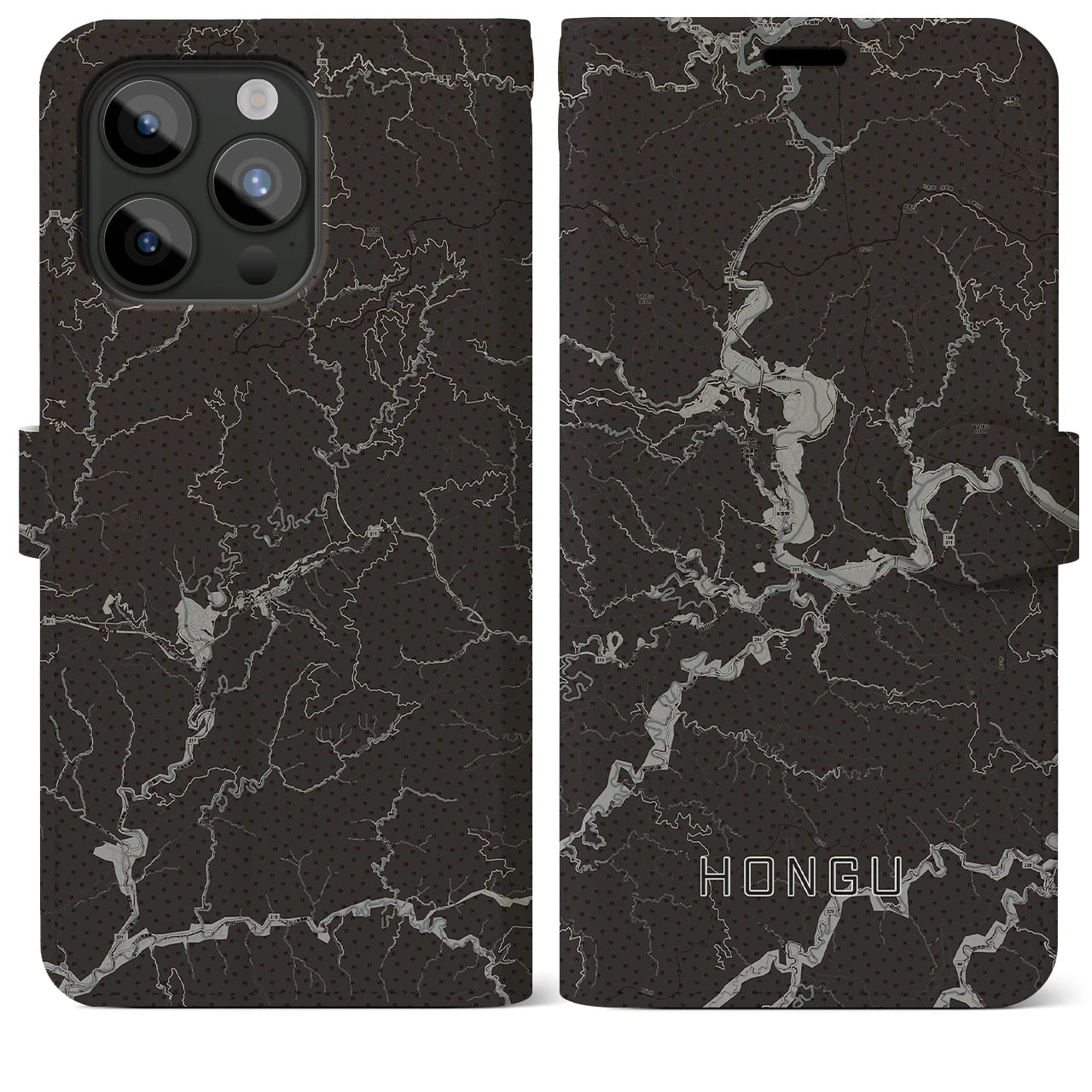 【本宮(和歌山県)】地図柄iPhoneケース(手帳タイプ)モノトーン・iPhone 15 Pro Max 用