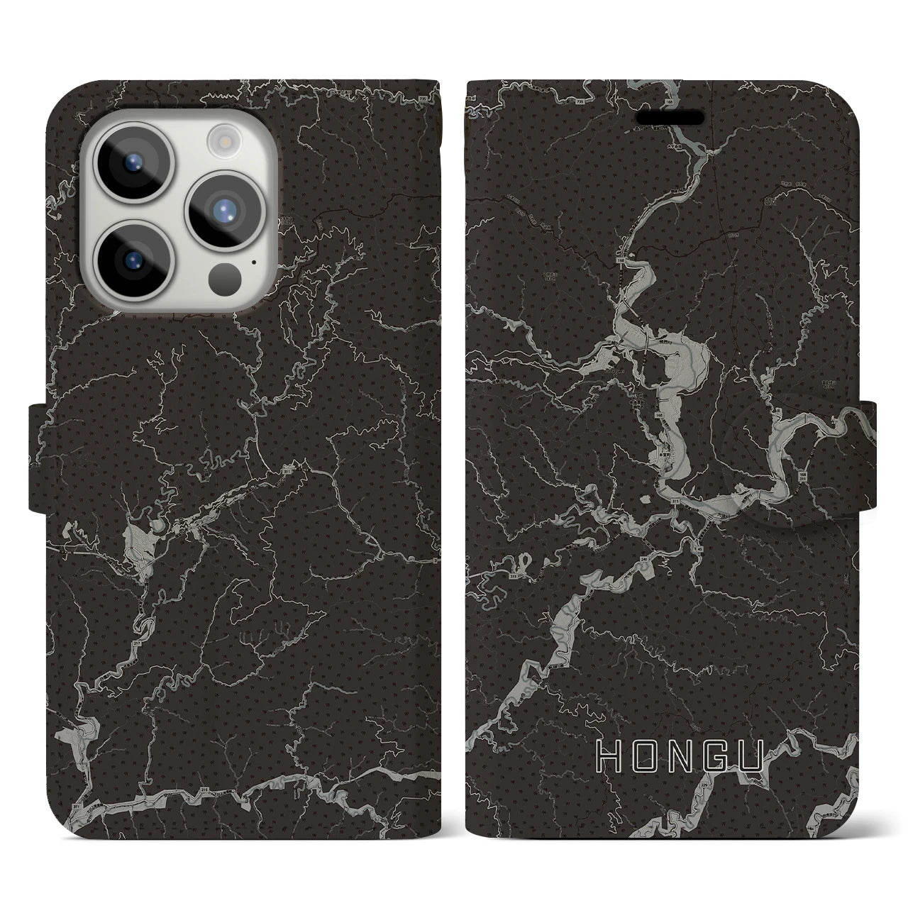 【本宮(和歌山県)】地図柄iPhoneケース(手帳タイプ)モノトーン・iPhone 15 Pro 用